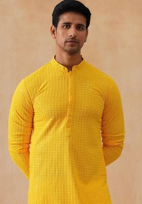 Yellow Embroidered Viscose Kurta Set For Men