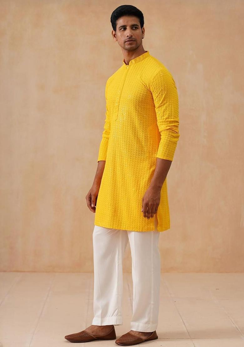 Yellow Embroidered Viscose Kurta Set For Men - Indya