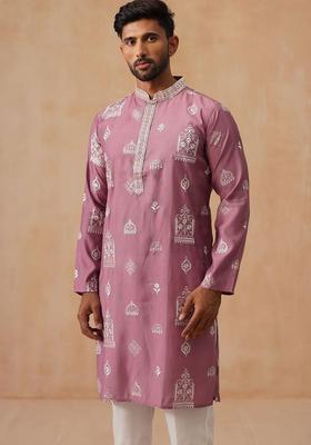 Pink Embroidered Silk Kurta Set For Men