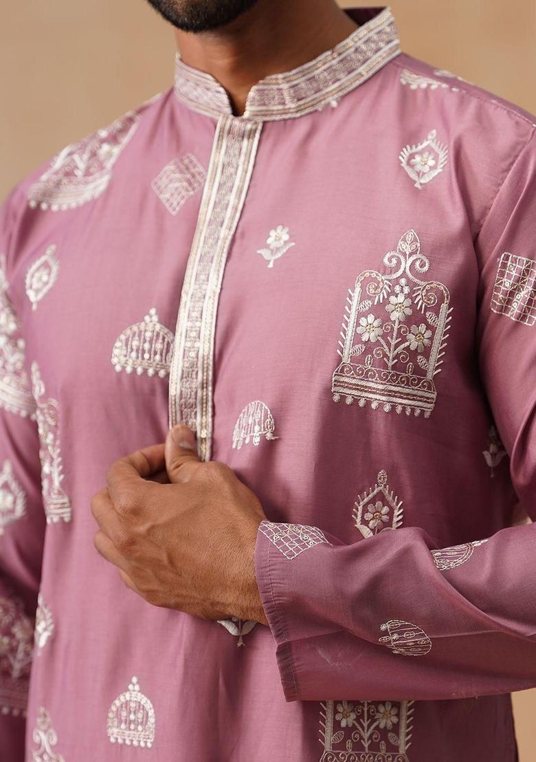 Pink Embroidered Silk Kurta Set For Men - Indya