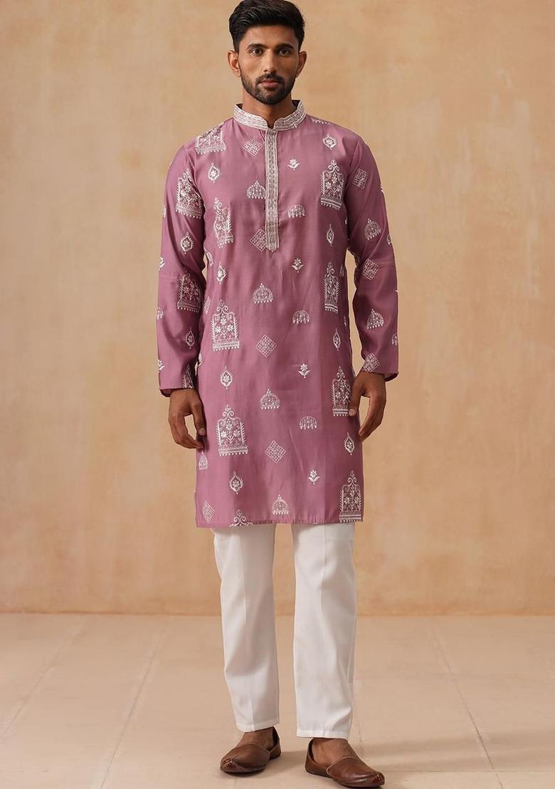 Pink Embroidered Silk Kurta Set For Men - Indya