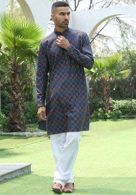 Blue Printed Viscose Kurta Set For Men