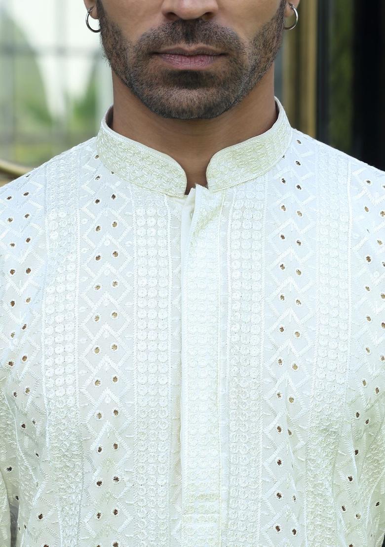 Beige Embroidered Viscose Kurta Set For Men - Indya