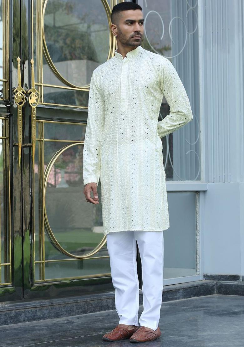 Beige Embroidered Viscose Kurta Set For Men - Indya