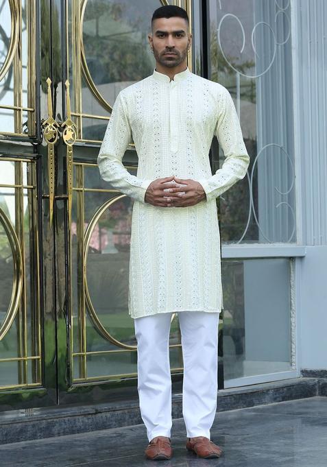Beige Embroidered Viscose Kurta Set For Men