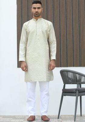 Beige Embroidered Silk Kurta Set For Men