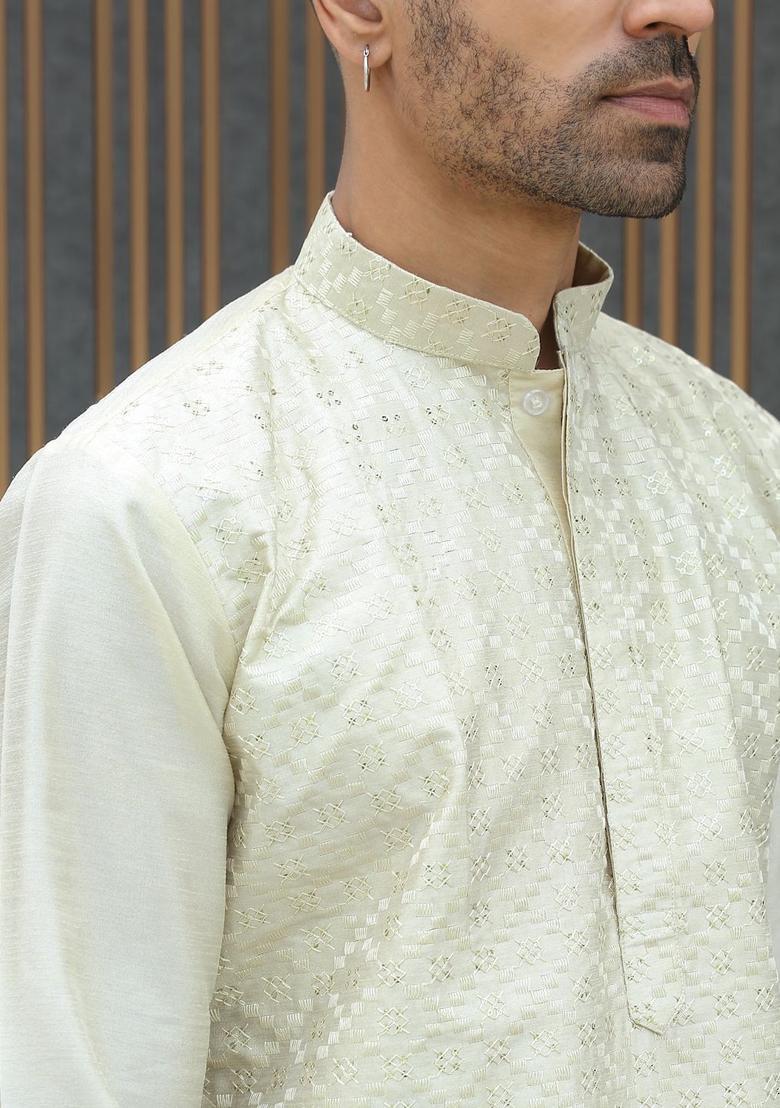 Beige Embroidered Silk Kurta Set For Men - Indya