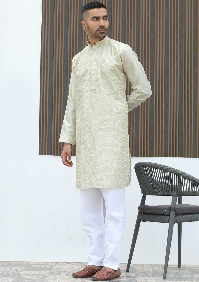 Beige Embroidered Silk Kurta Set For Men - Indya