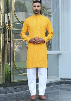 Yellow Embroidered Viscose Kurta Set For Men