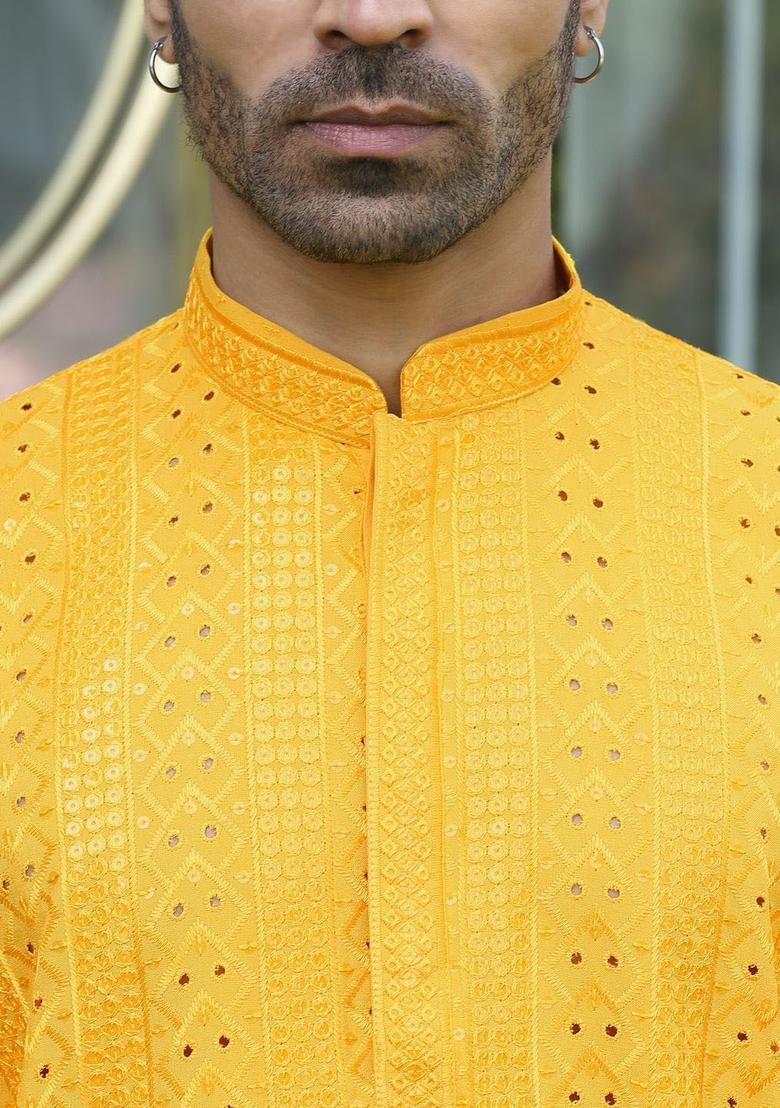 Yellow Embroidered Viscose Kurta Set For Men - Indya