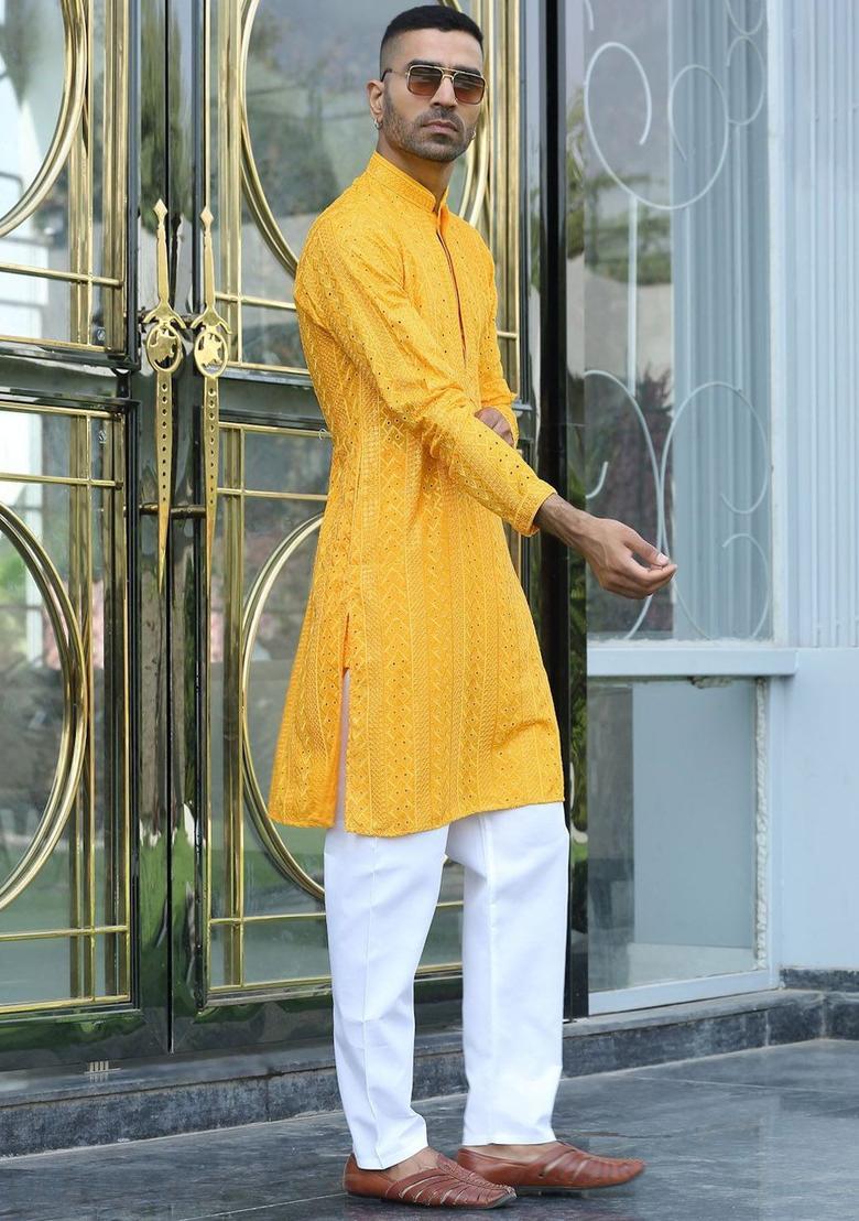 Yellow Embroidered Viscose Kurta Set For Men - Indya