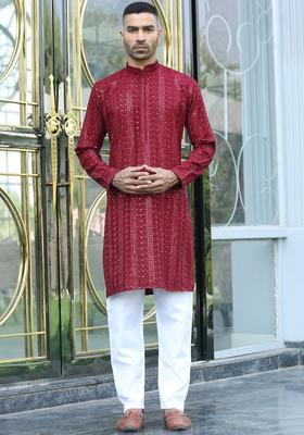 Maroon Embroidered Viscose Kurta Set For Men