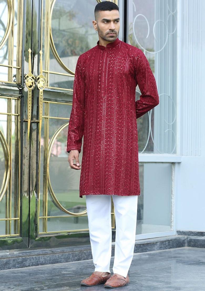 Maroon Embroidered Viscose Kurta Set For Men - Indya