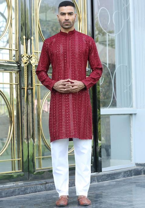 Maroon Embroidered Viscose Kurta Set For Men