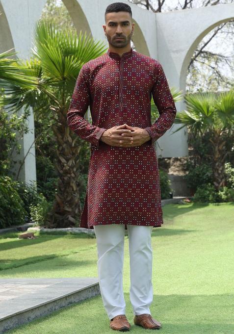 Maroon Embroidered Viscose Kurta Set For Men