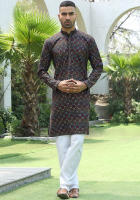 Black Printed Viscose Kurta Set For Men