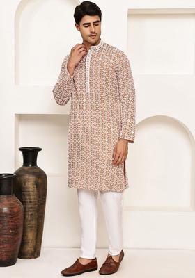 Orange Printed Viscose Kurta Set For Men