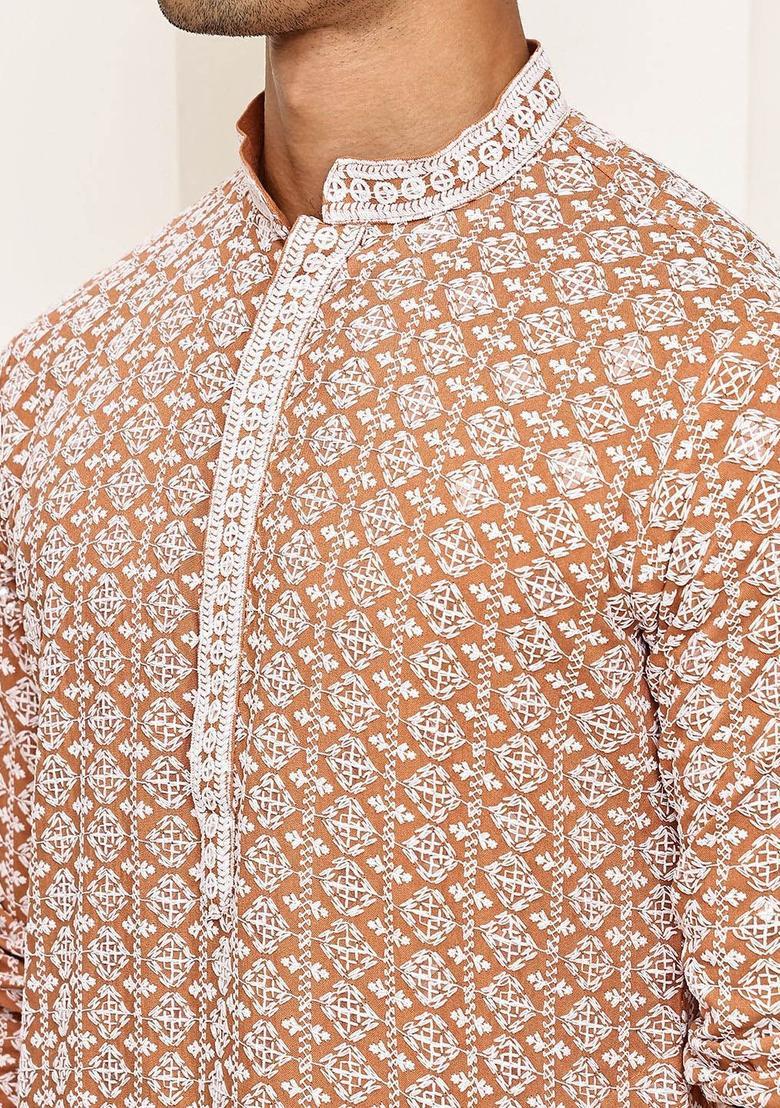Orange Printed Viscose Kurta Set For Men - Indya