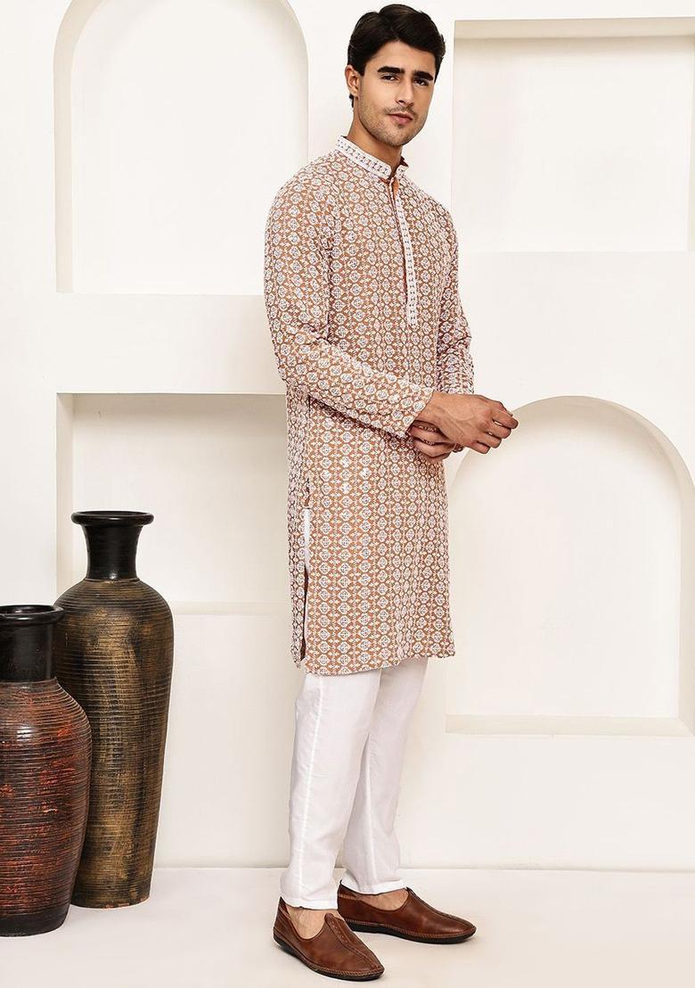 Orange Printed Viscose Kurta Set For Men - Indya