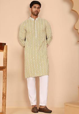 Yellow Embroidered Viscose Kurta Set For Men