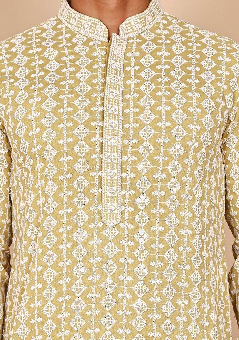 Yellow Embroidered Viscose Kurta Set For Men - Indya