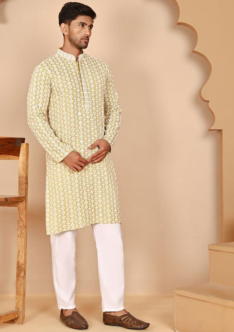 Yellow Embroidered Viscose Kurta Set For Men - Indya