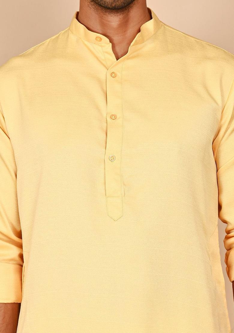 Yellow Solid Silk Kurta Set For Men - Indya
