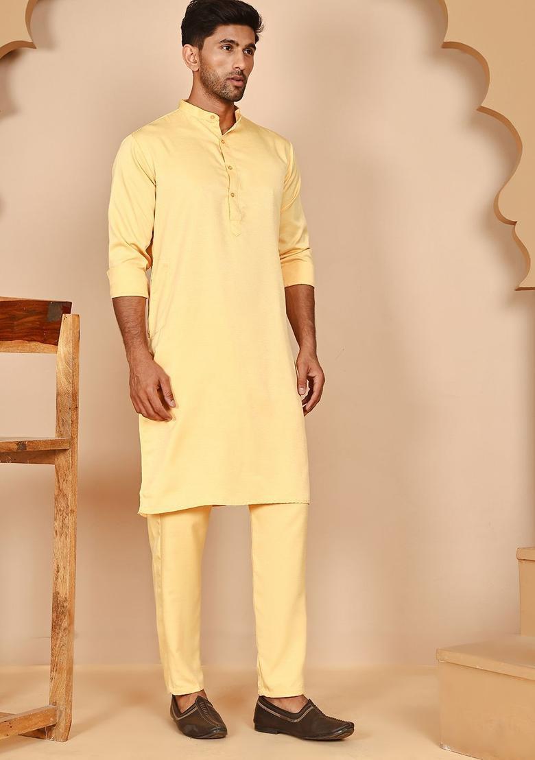Yellow Solid Silk Kurta Set For Men - Indya