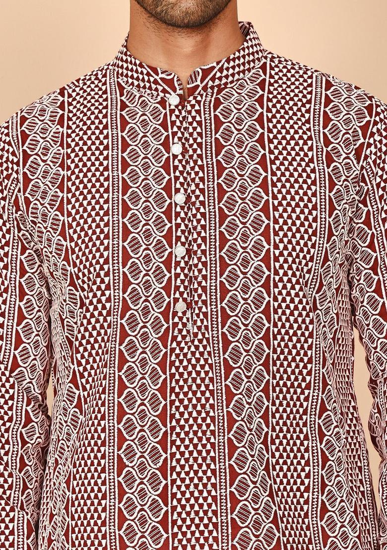 Maroon Printed Cotton Kurta Set For Men - Indya