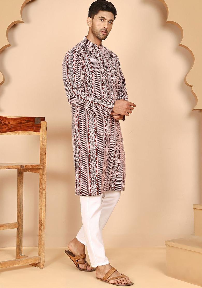 Maroon Printed Cotton Kurta Set For Men - Indya