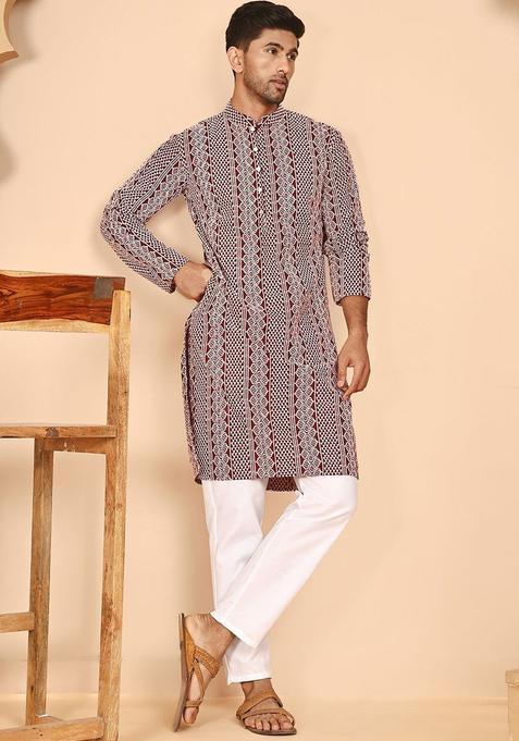 Maroon Printed Cotton Kurta Set For Men