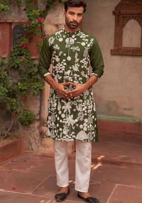 Olive Embroidered Silk Kurta Set For Men