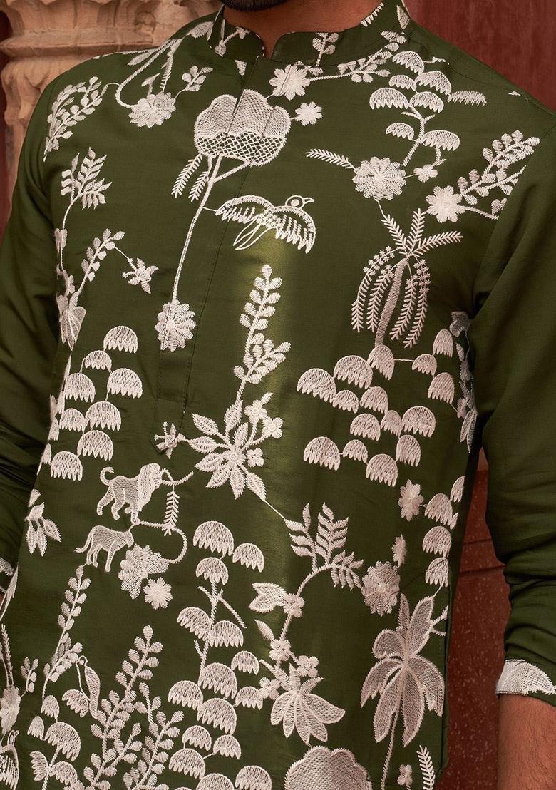 Olive Embroidered Silk Kurta Set For Men - Indya