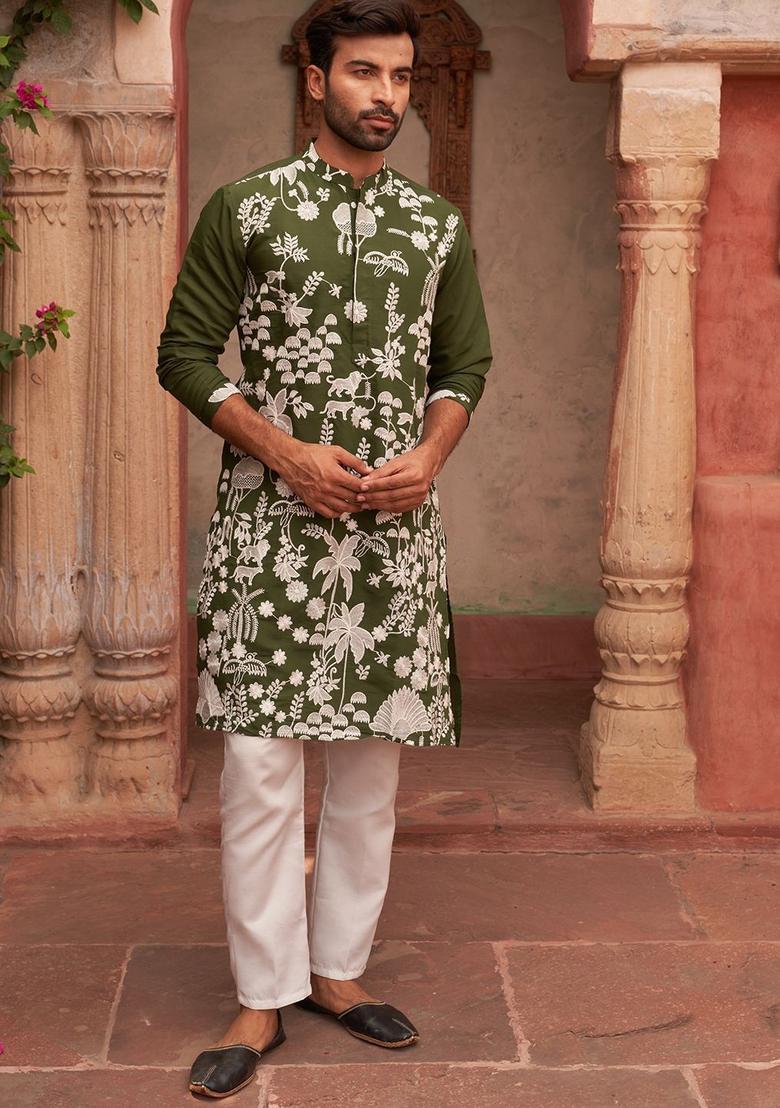 Olive Embroidered Silk Kurta Set For Men - Indya