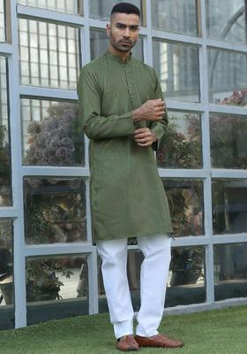 Green Self Design Cotton Kurta Set For Men