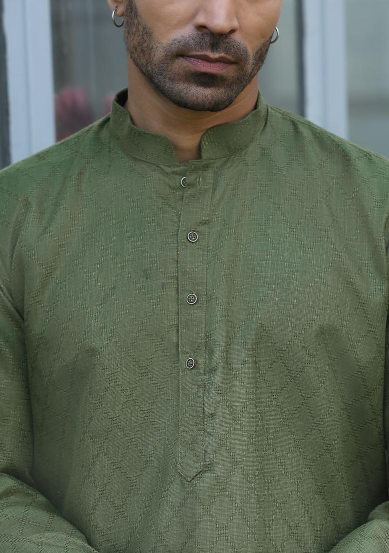 Green Self Design Cotton Kurta Set For Men - Indya