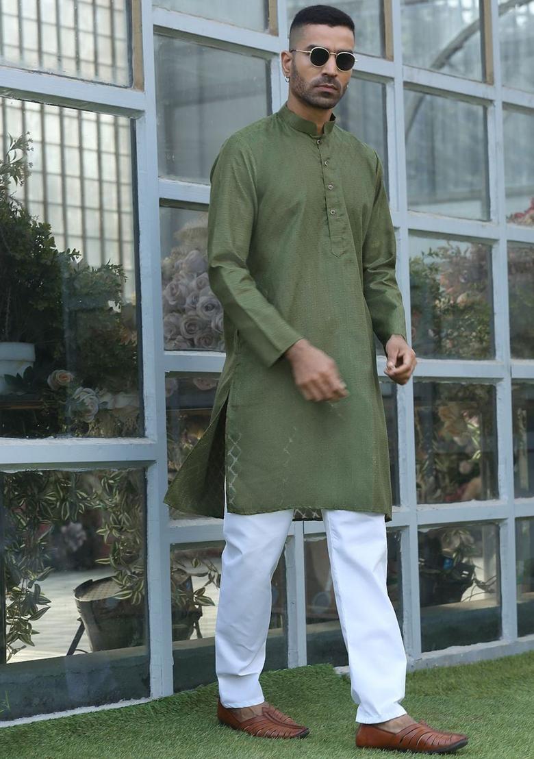 Green Self Design Cotton Kurta Set For Men - Indya