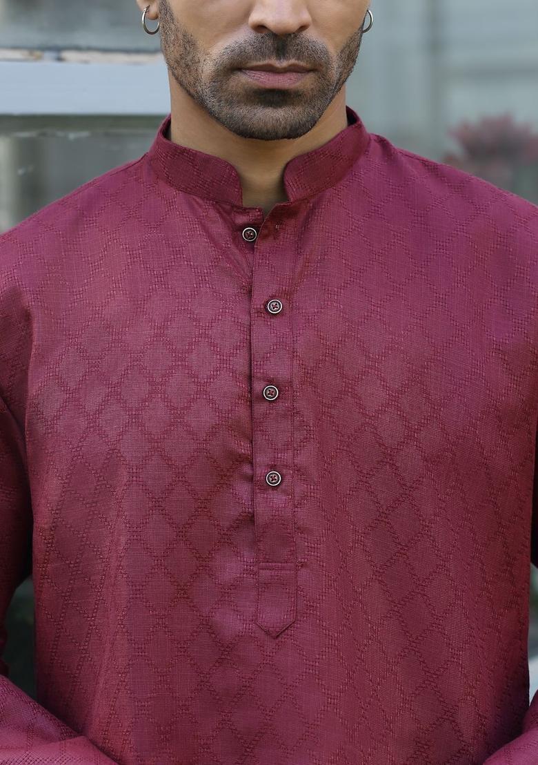 Maroon Self Design Cotton Kurta Set For Men - Indya