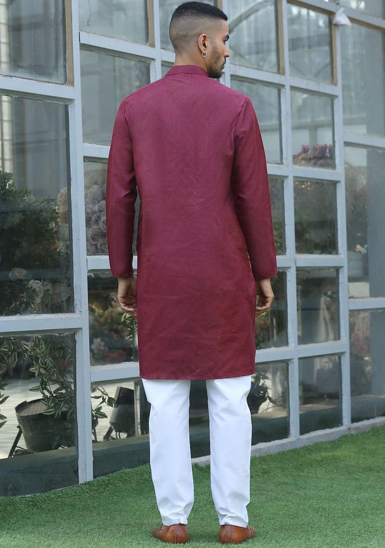 Maroon Self Design Cotton Kurta Set For Men - Indya