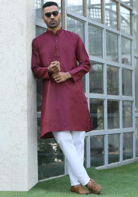 Maroon Self Design Cotton Kurta Set For Men