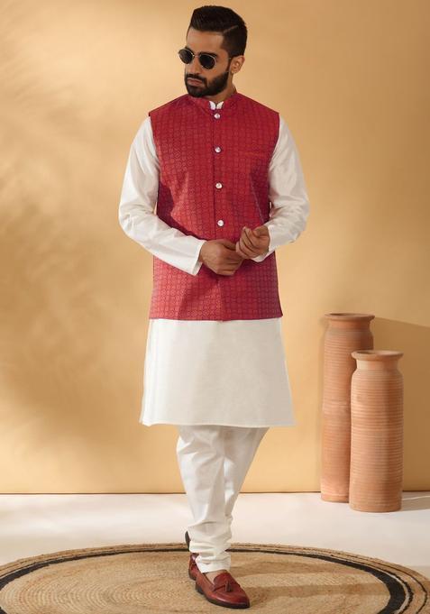 Beige Solid Silk Kurta Set For Men