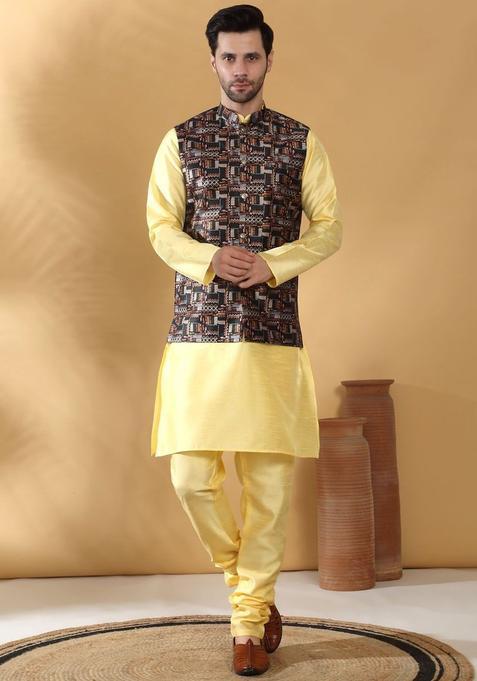 Gold Solid Silk Kurta Set For Men