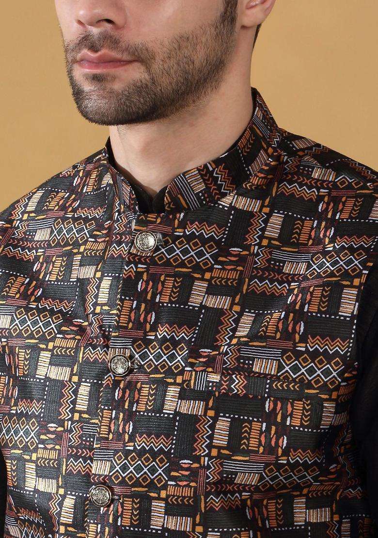 Black Solid Silk Kurta Set For Men - Indya