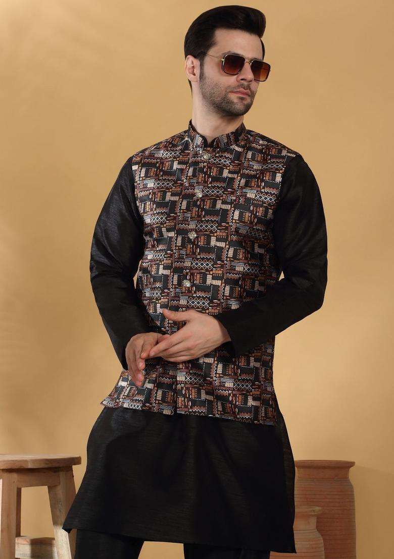 Black Solid Silk Kurta Set For Men - Indya