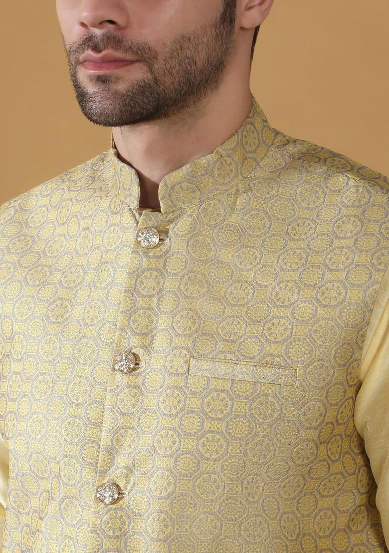Beige Solid Silk Kurta Set For Men - Indya