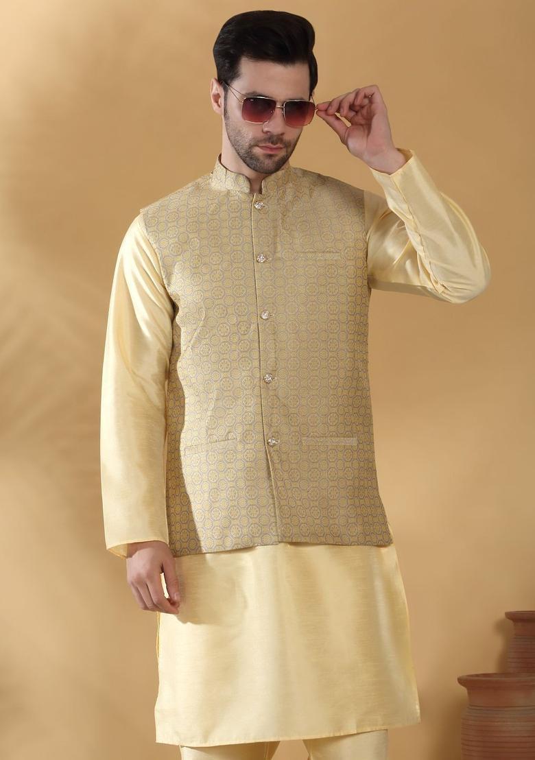 Beige Solid Silk Kurta Set For Men - Indya