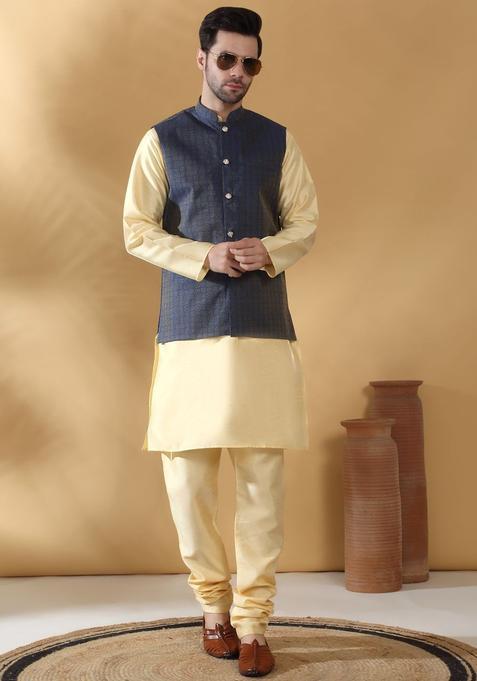 Beige Solid Silk Kurta Set For Men