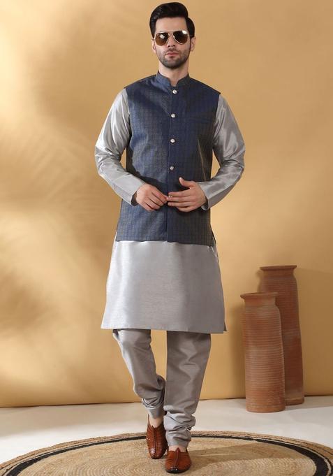 Grey Solid Silk Kurta Set For Men