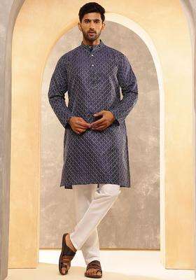 Blue Striped Silk Kurta Set For Men