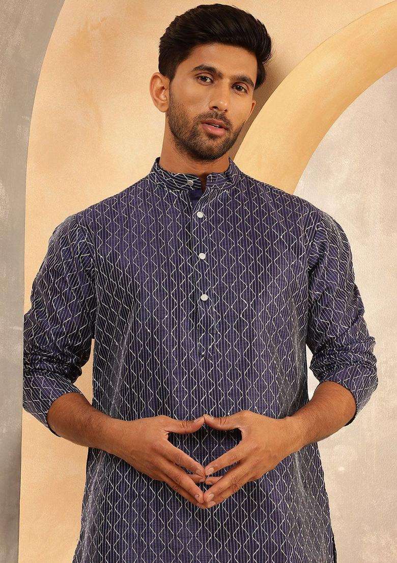 Blue Striped Silk Kurta Set For Men - Indya